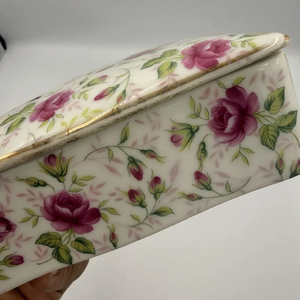 Lefton Rose Chintz Trinket Jewelry Box 2 Nesting Vintage Dishes Japan